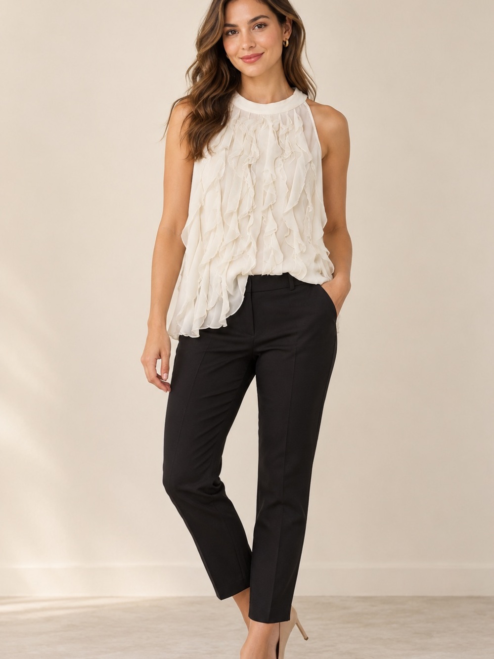 Kenar Ivory Cascading Ruffle Sleeveless Blouse Size Large